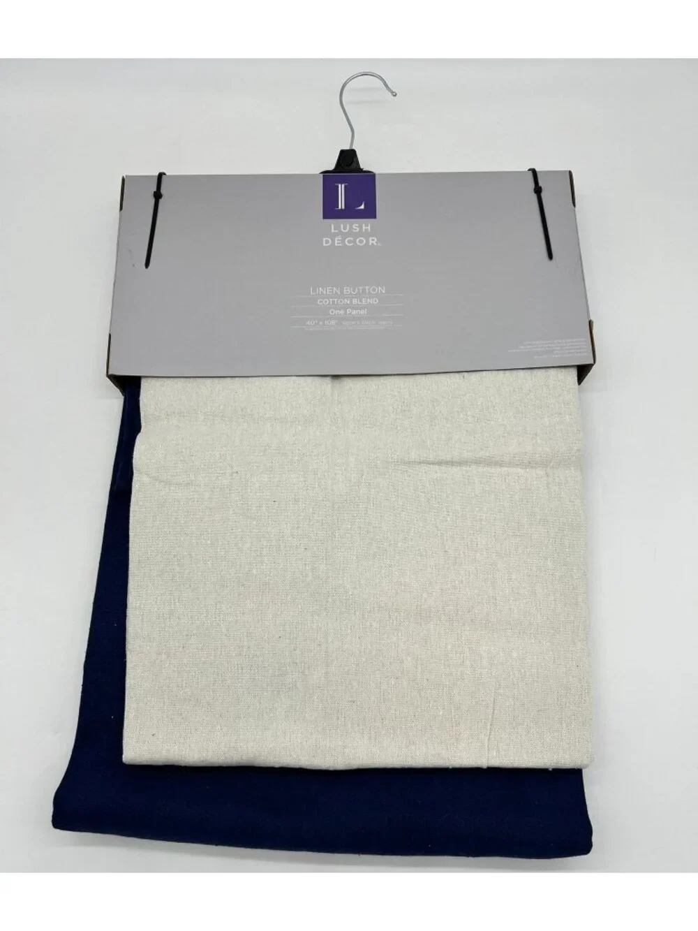 NWT Lush Décor Linen Button Cotton Blend Curtain Panel Navy White Colorblock